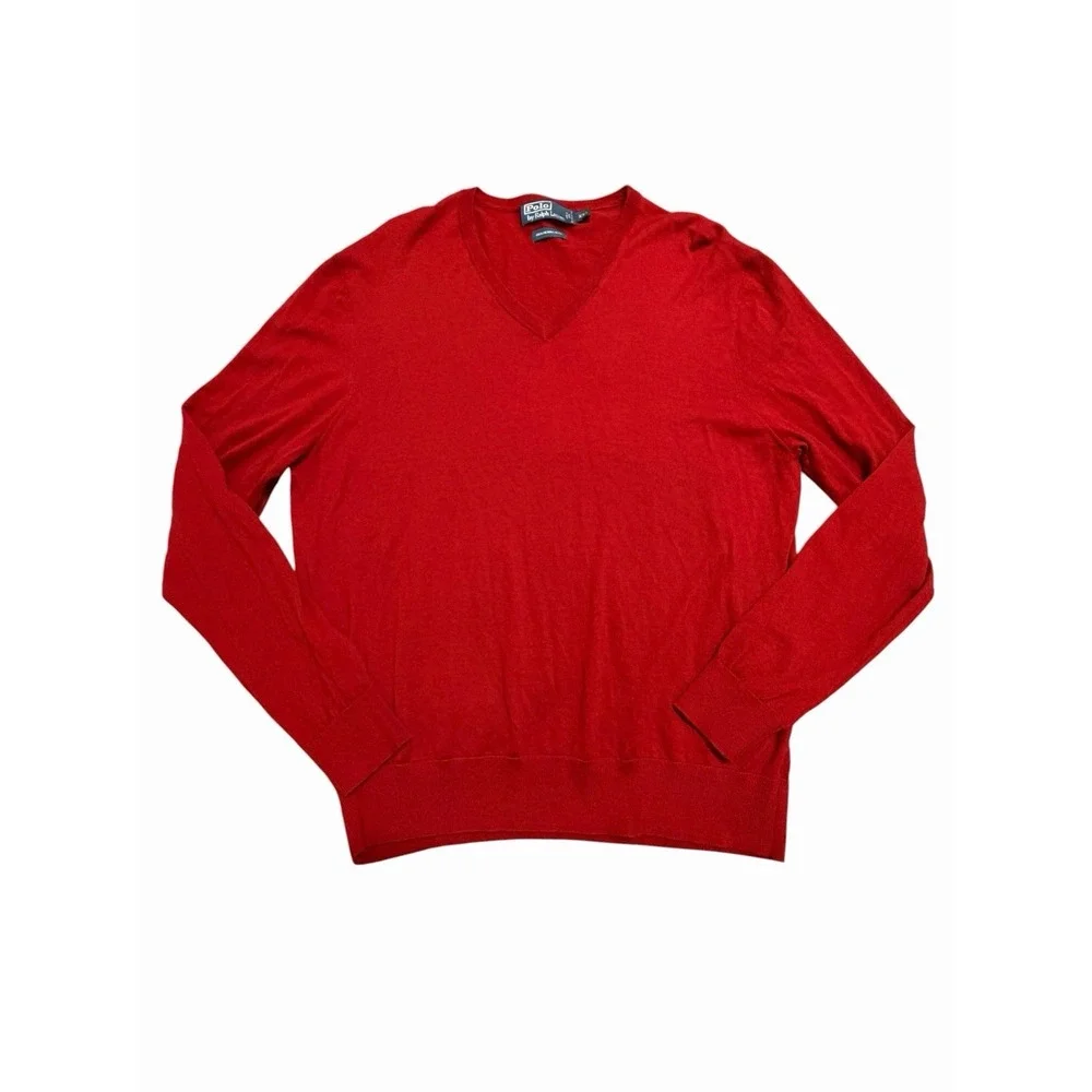 Polo Ralph Lauren Merino Wool Sweater Men 2XL Red V Neck Preppy Academia #G5-1